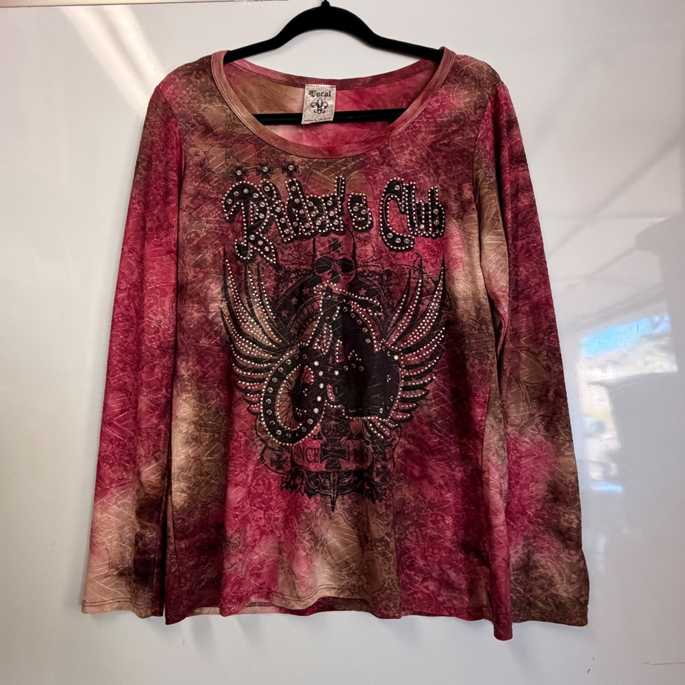 Y2K Vocal Rider Club Graphic Rhinestone Biker Boho Long Sleeve Pink Brown XL
